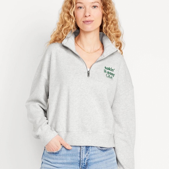 NWT OLD NAVY Fleece 1/2-Zip Cropped Pullover Color: Light Gray Heather half-zip - Picture 2 of 6